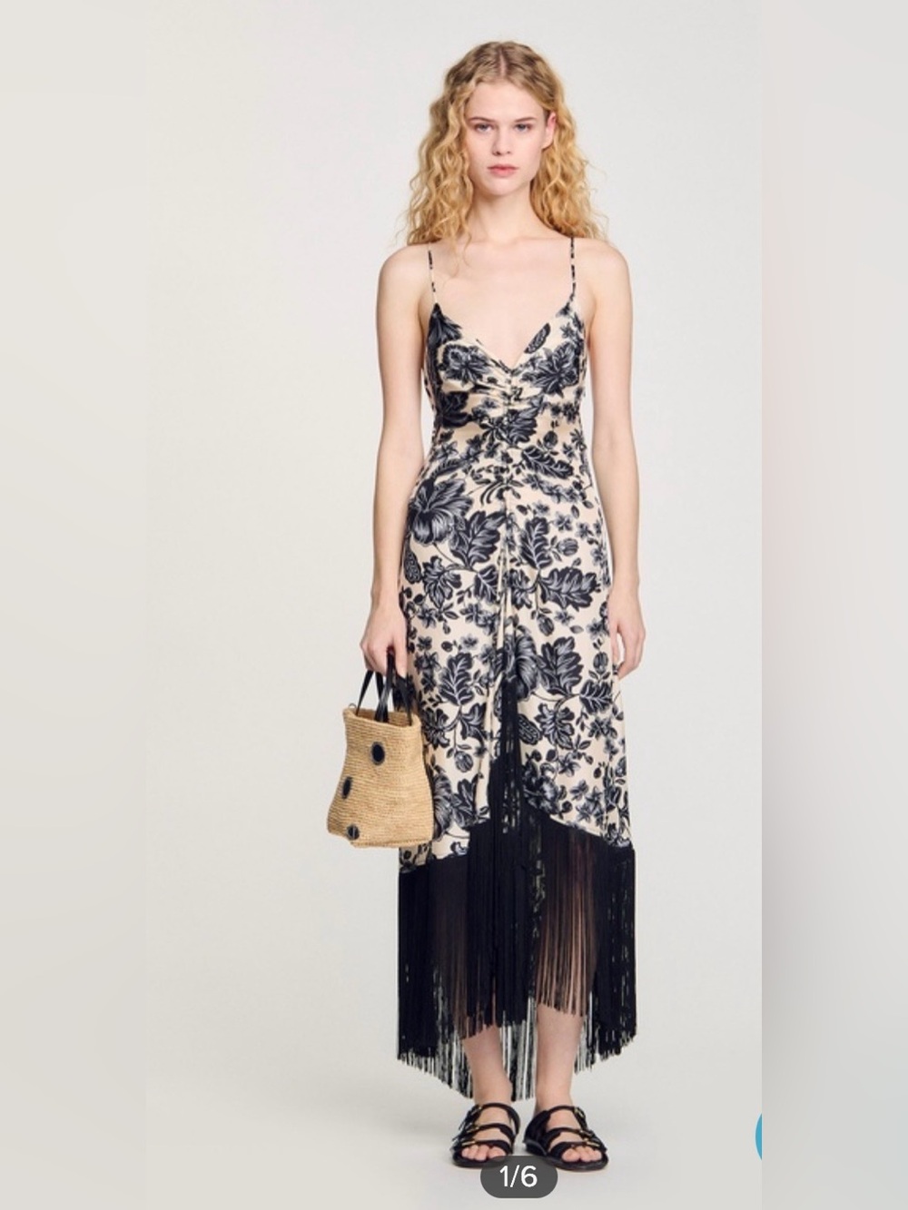Sandro perla Strap Cream & Black Floral Fringe Dress